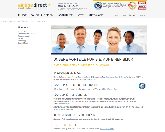 Airline Direct Webseite