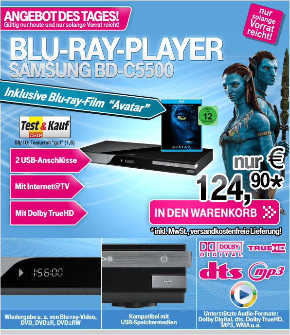 Samsung BD-C 5500 Blu-ray-Player inkl. Avatar (Blu-ray) für 124,90 EUR