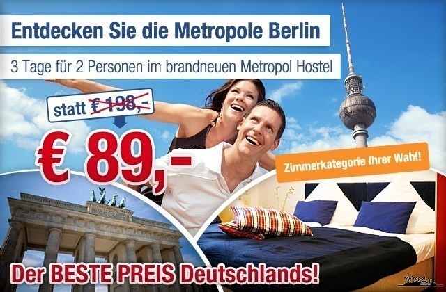 Nur 89 statt 198 EUR für 2 Personen im Metropol Hostel Berlin